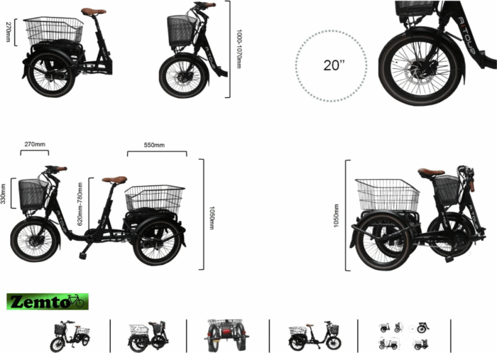 Elektro Dreirad Trike 3 Gang, Tiefeinstieg 20 Zoll schwarz, Fahrfertig, inkl. Kettenschloss und Rückspiegel - Image 10