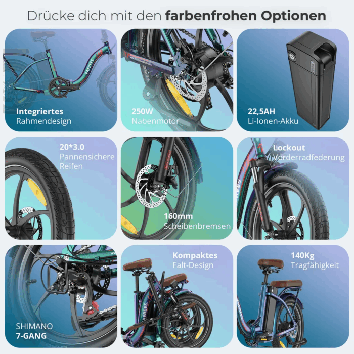2025 20×3.0Zoll 22.5AH E-Bike Klappräder Elektrofahrrad Pedelec, elektrisches Faltrad 7-Gang City E-Bikes & E-Hollandräder 25 km/h Wasserdicht Schwarz - Image 10