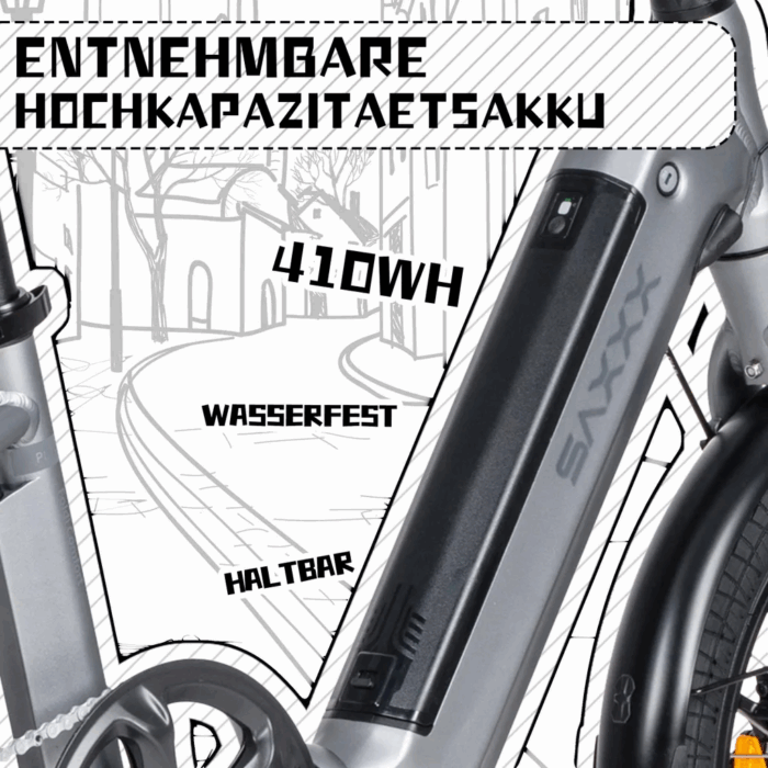 SAXXX Faltrad E-Bike Foldi, 410Wh Akku , 80 km Reichweite, Shimano Nexus 7-Gang, 250 W Hinterradmotor, 20 × 2.3″ CST, mechanische Scheibenbremse, Grau - Image 4