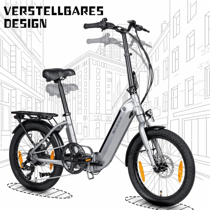 SAXXX Faltrad E-Bike Foldi, 410Wh Akku , 80 km Reichweite, Shimano Nexus 7-Gang, 250 W Hinterradmotor, 20 × 2.3″ CST, mechanische Scheibenbremse, Grau - Image 6