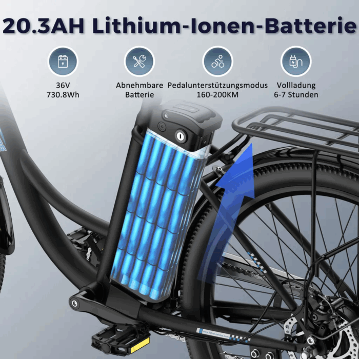 E-Bike 26 Zoll 158 - 198 cm Pannensichere Reifen 36 V 20,3 Ah 730,8 Wh bis zu 160 - 200 km Wasserdicht IP54 mit 7 Gang, Schwarz - Image 14