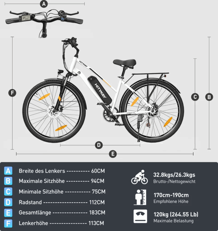 HITWAY E-Bike 28 Zoll Elektrofahrrad, Pedelec 36V/13Ah 468 Wh, MTB,7 Gang, 25km/h, Heckmotor, Kettenschaltung, LCD Display, E-Citybike Damen Herren - Image 7